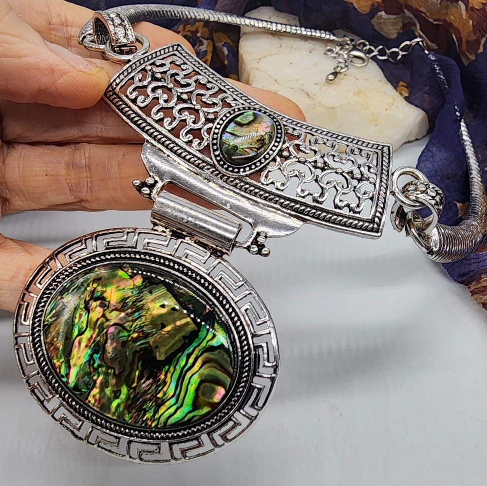 Large Abalone Stone Pendant Ethnic Silver Statement Necklace Bohemian Jewelry